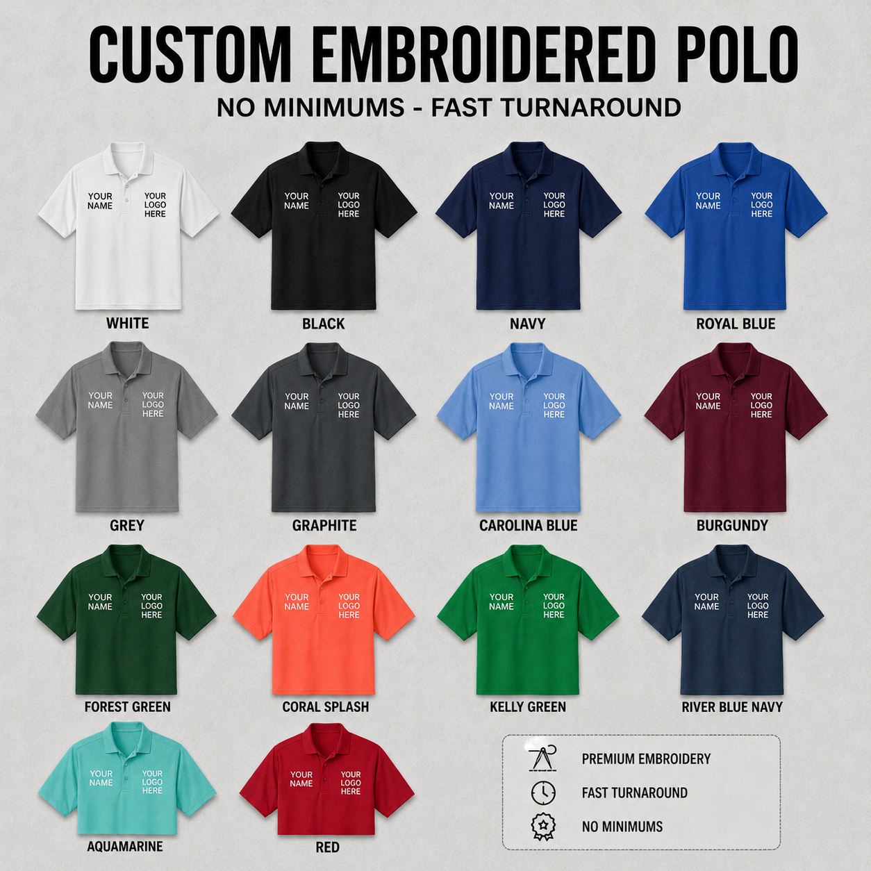 Custom Embroidered Performance Polo Shirt | Personalized Business Logo & Name Text | Moisture Wicking Work Uniform | No Minimums