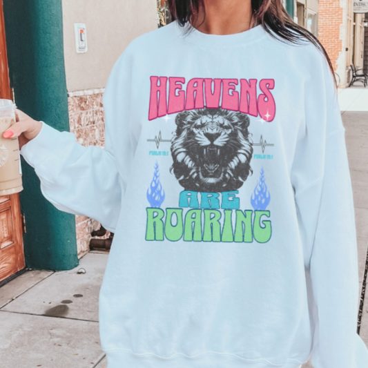 Heavens are Roaring Sweatshirt, Crew Neck, Lion, Colorful, Graphic, Vintage Look, (20)