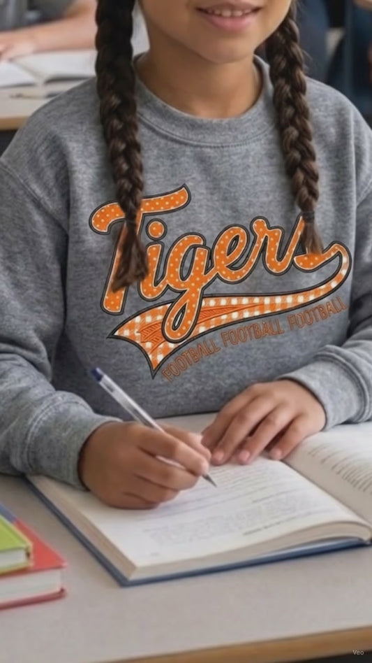 Tiger Football Youth Crewneck Sweatshirt | Tigers Retro Script Football Pullover | School Spirit Tiger Game Day Sweatshirt | Orange