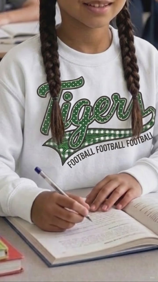 Tiger Football Youth Crewneck Sweatshirt | Tigers Retro Script Football Pullover | School Spirit Tiger Game Day Sweatshirt | Green